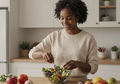 Woman preparing a colorful fresh salad in a bright modern kitchen