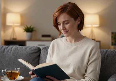 Female gastroenterologist reading at home with herbal tea in the evening