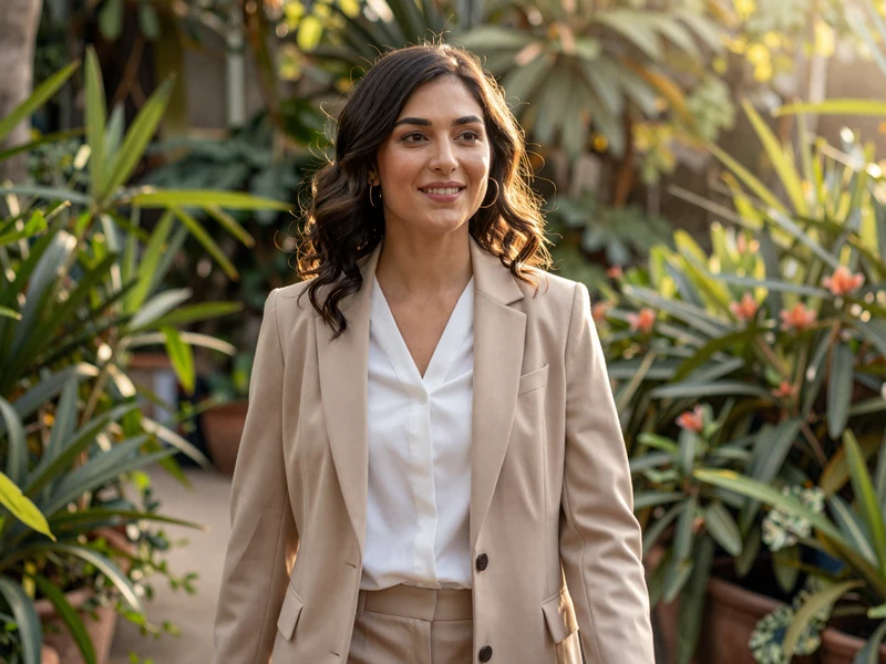 Female obstetrician walking through a sunlit botanical garden in a beige blazer