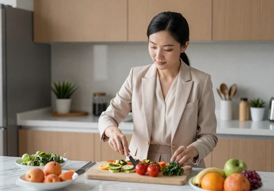 Female urologist preparing a healthy meal in a bright modern kitchen