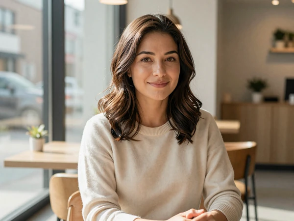 Female critical care nurse smiling in a bright urban cafe on her day off