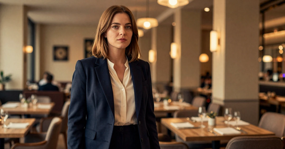 Female surgical nurse in an elegant blazer at an upscale restaurant