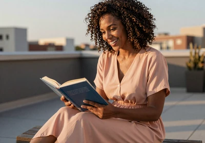 Woman dermatologist reading on a sunlit rooftop terrace