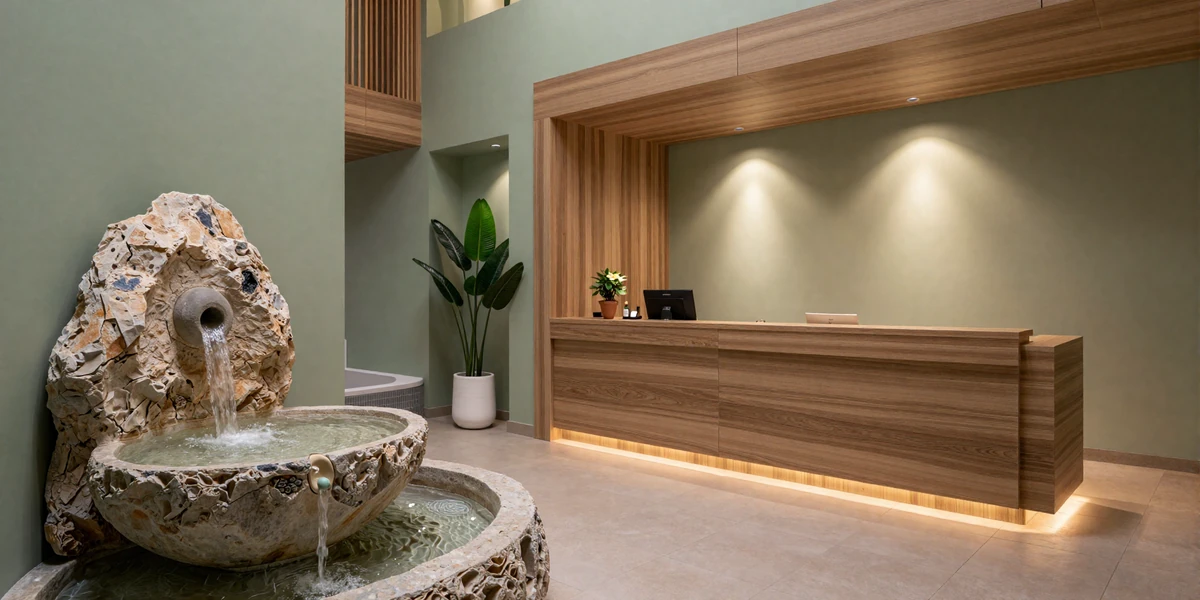 Luxury spa reception area with water features and natural greenery