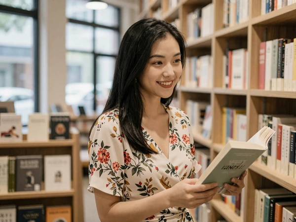 Female respiratory therapist smiling candidly in a cozy bookstore on her day off