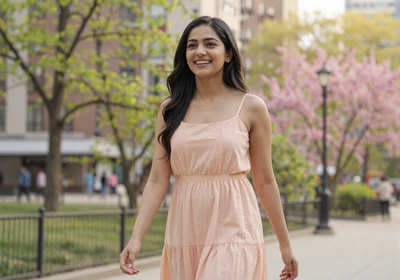 Woman doctor walking through a blooming park on a spring afternoon