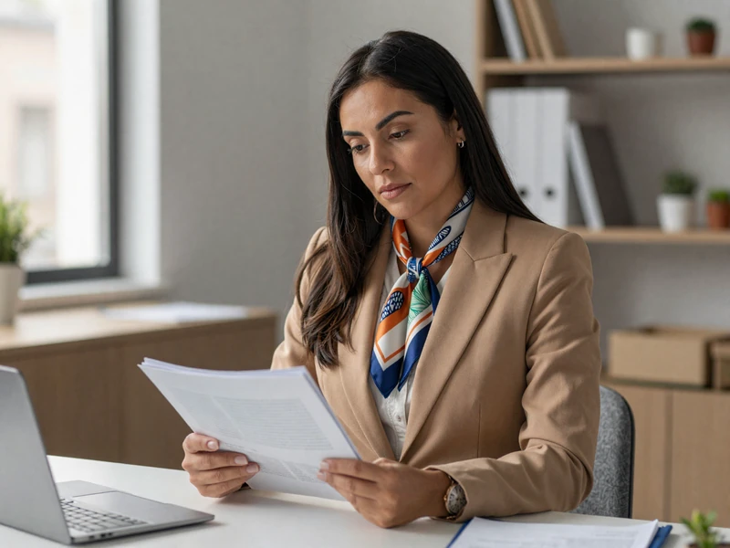 Latina woman doctor in a camel blazer reading a medical journal in a bright modern office