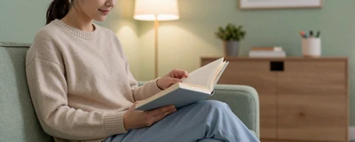 Female nurse midwife reading a book on a cozy sofa in a warm living room