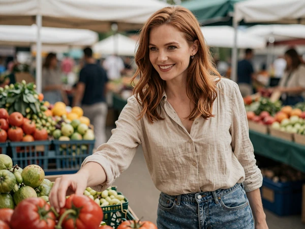 Family doctor browsing produce at a weekend farmers market