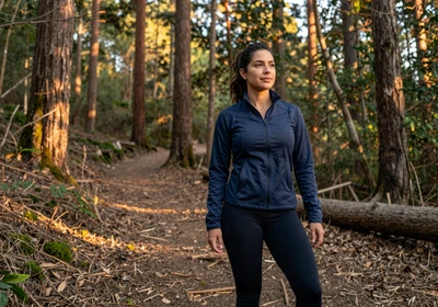 Woman doctor hiking on a forest trail during golden hour
