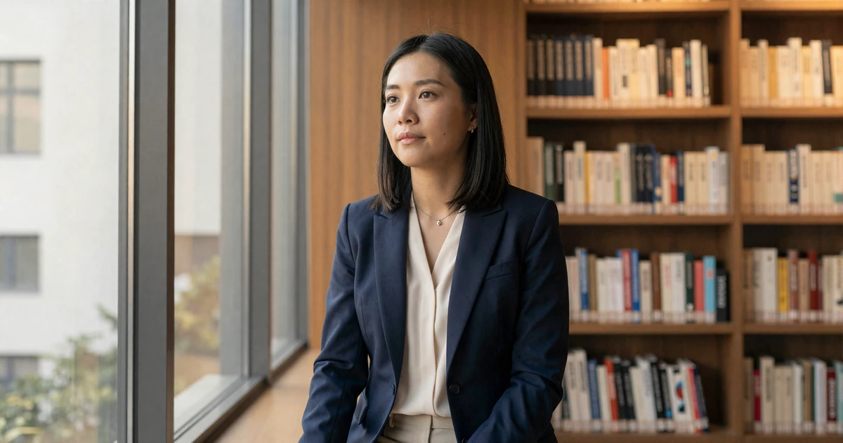 Female neurologist sitting thoughtfully by a library window in warm afternoon light