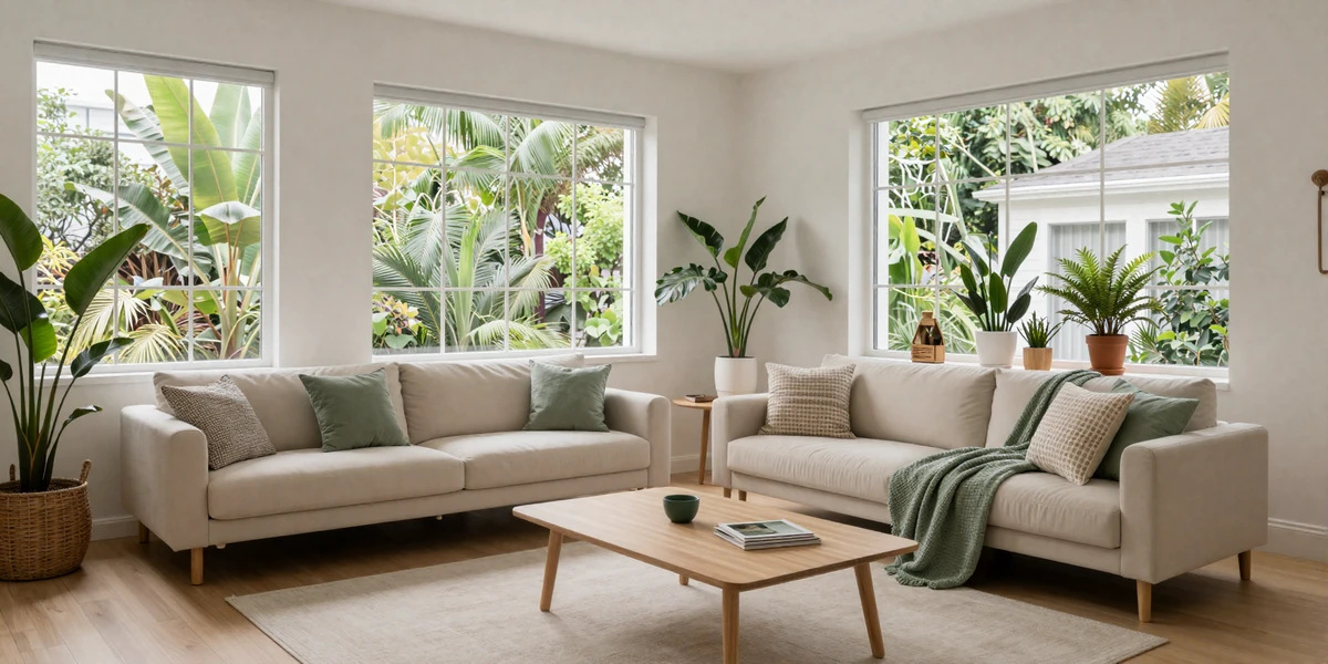 Bright modern living room with plants and natural light