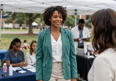 Black American woman doctor smiling at a community health fair event