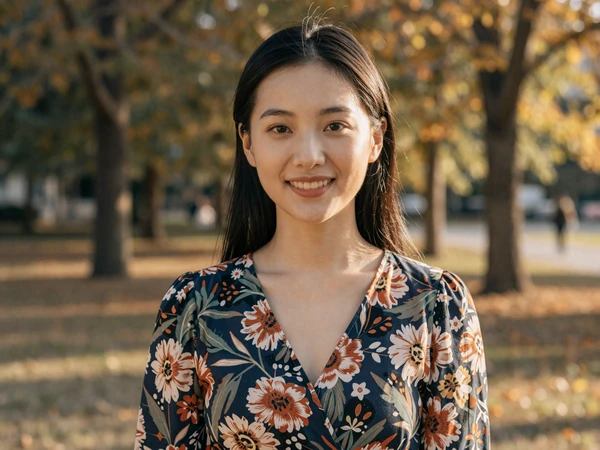 Female nurse midwife smiling candidly in a sunlit autumn park