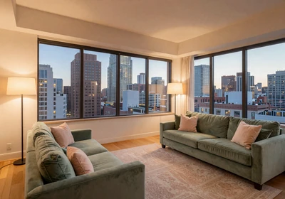 Cozy luxury apartment living room with city view at dusk