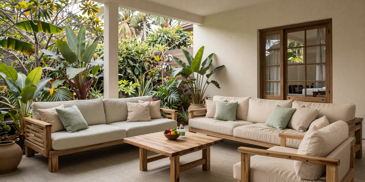 Peaceful wellness retreat patio with natural wood furniture and lush greenery