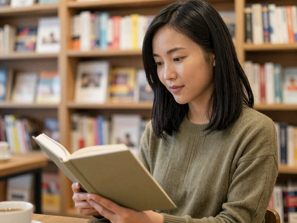 Female internist reading at a bookstore café in a cozy knit sweater