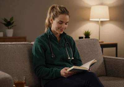 Female pulmonologist relaxing at home with a book and tea