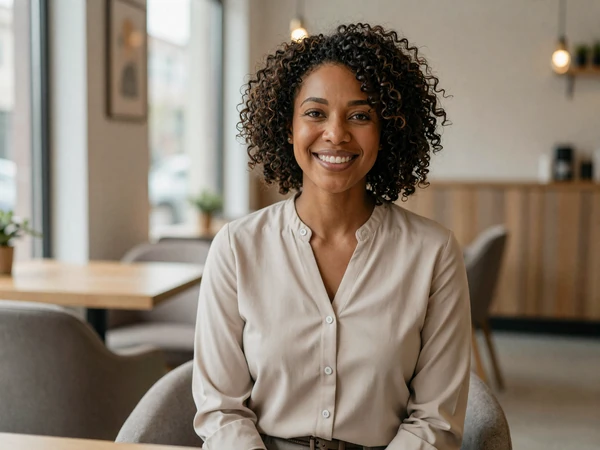 Female urologist smiling in an upscale cafe with natural light