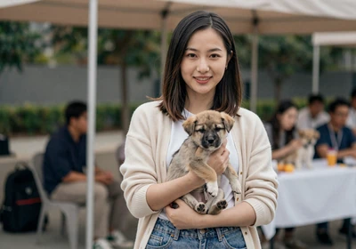 Asian American woman doctor holding a rescue puppy at a pet adoption event