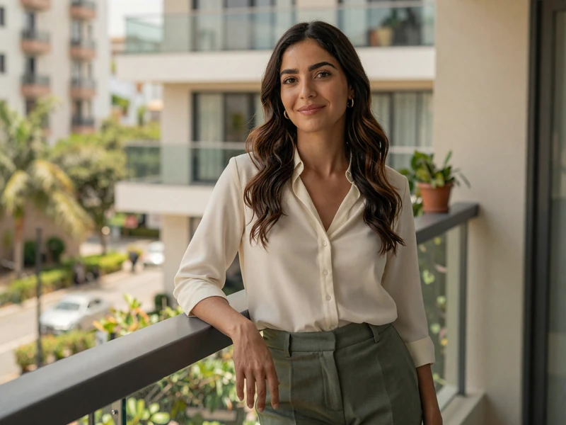 Female nurse midwife relaxing on a luxury apartment balcony in smart casual attire