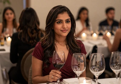 Nurse practitioner enjoying a wine tasting event in a burgundy dress