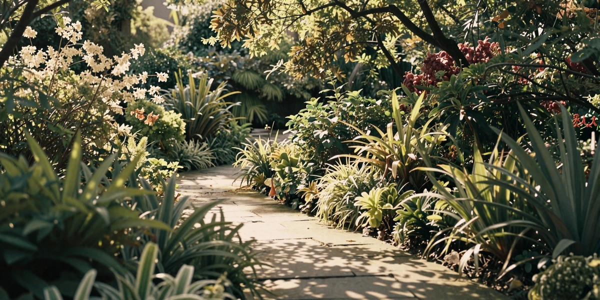 Peaceful botanical garden with morning sunlight filtering through green foliage