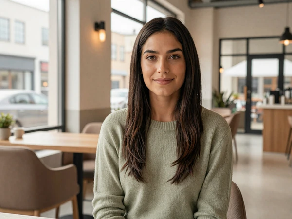 Female nurse anesthetist smiling in a modern cafe