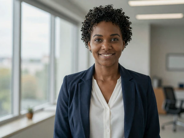 Female otolaryngologist smiling in a modern medical office with natural light