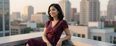 Female pharmacist relaxing on a city rooftop at sunset