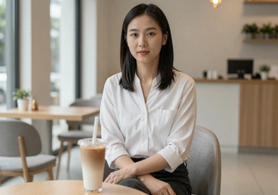 Female orthopedic surgeon relaxing with a smoothie at a bright modern cafe