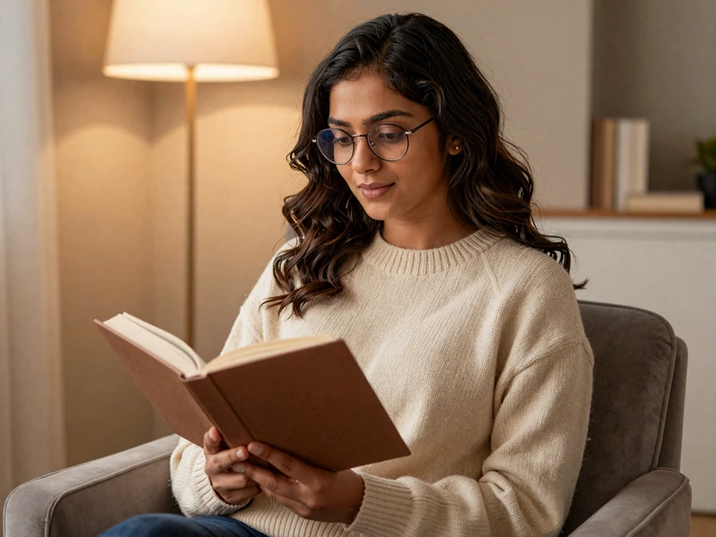 Indian American woman nurse reading in a cozy armchair under warm lamplight at home