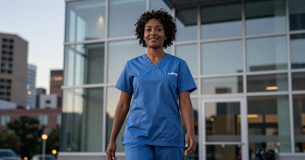 Female surgeon leaving a modern hospital at dusk in scrubs