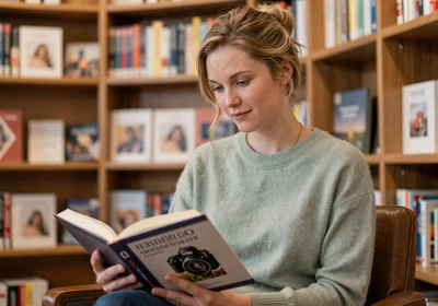 Female oncologist reading in a cozy bookstore wearing a sage green sweater