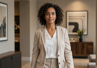 Female plastic surgeon walking through a boutique hotel lobby
