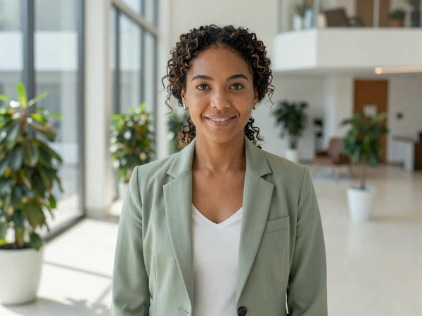 Female nephrologist smiling in a modern medical building lobby with natural light