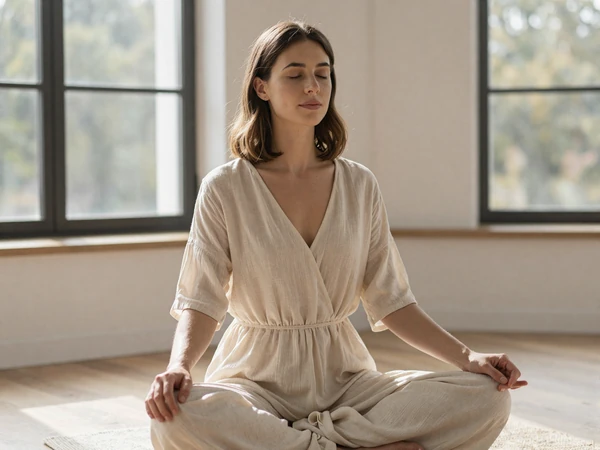 Female psychiatrist practicing mindfulness at a serene meditation studio