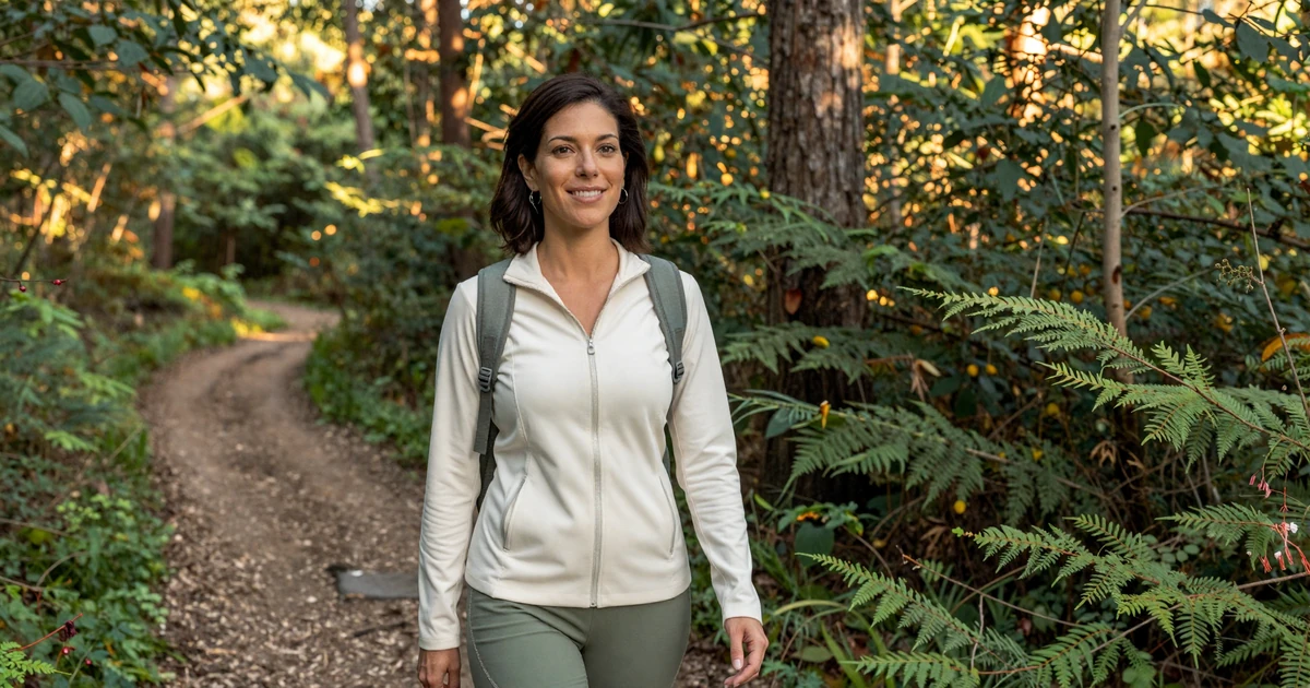 Female urologist hiking on a forest trail in morning light