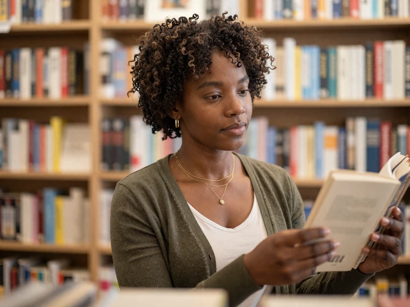 Black American woman pharmacist browsing books in a cozy independent bookstore