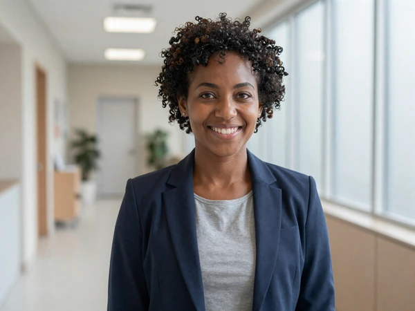 Female physician assistant smiling in a bright modern clinic hallway