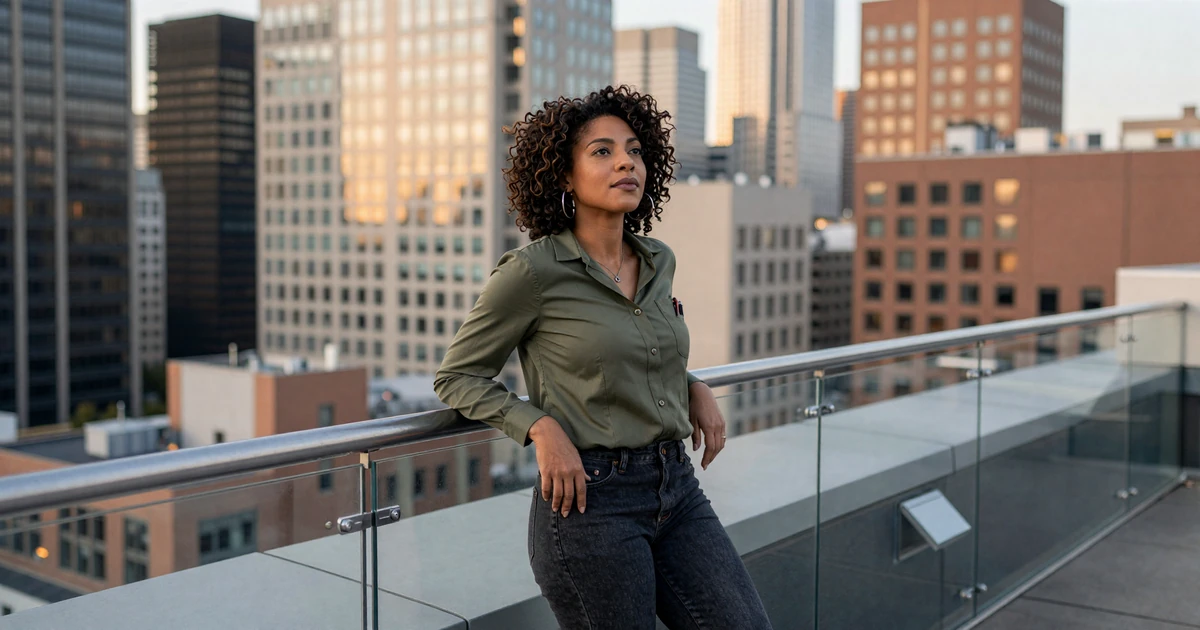 Female critical care nurse enjoying a quiet moment on a city rooftop at dusk