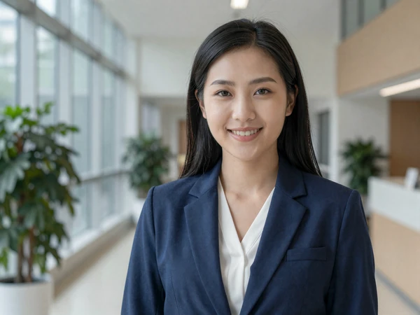 Female pulmonologist smiling in a bright modern hospital atrium