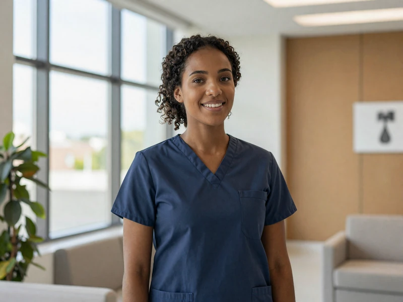 Confident female nurse practitioner smiling in a bright modern clinic lobby