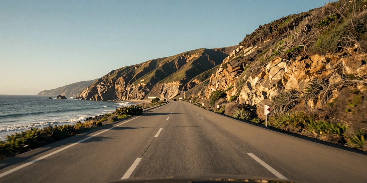 Scenic coastal highway view from a car on a sunny afternoon
