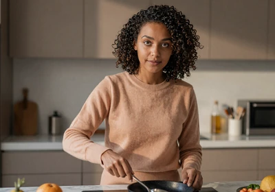 Woman radiologist cooking dinner in a modern kitchen