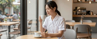 Female nurse midwife enjoying a quiet morning coffee at a bright modern cafe