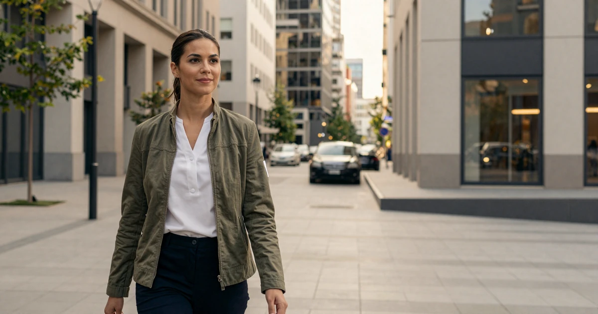 Female emergency nurse walking through a sunlit city plaza on her day off