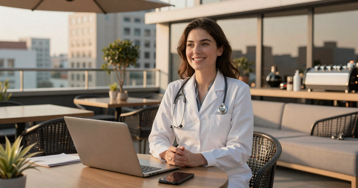 Confident female doctor smiling at a modern rooftop café at golden hour