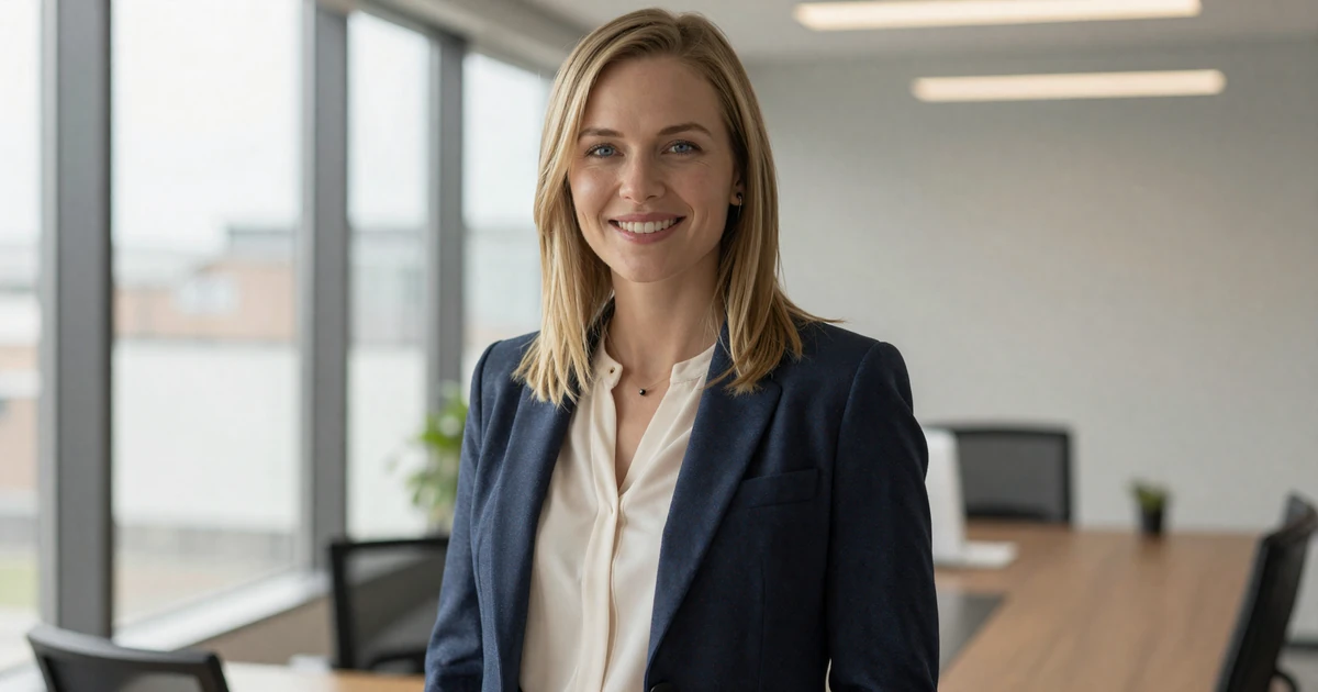 Professional woman in an elegant blazer smiling in a bright modern office