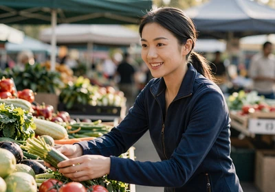 Female gastroenterologist selecting fresh produce at an outdoor farmers market